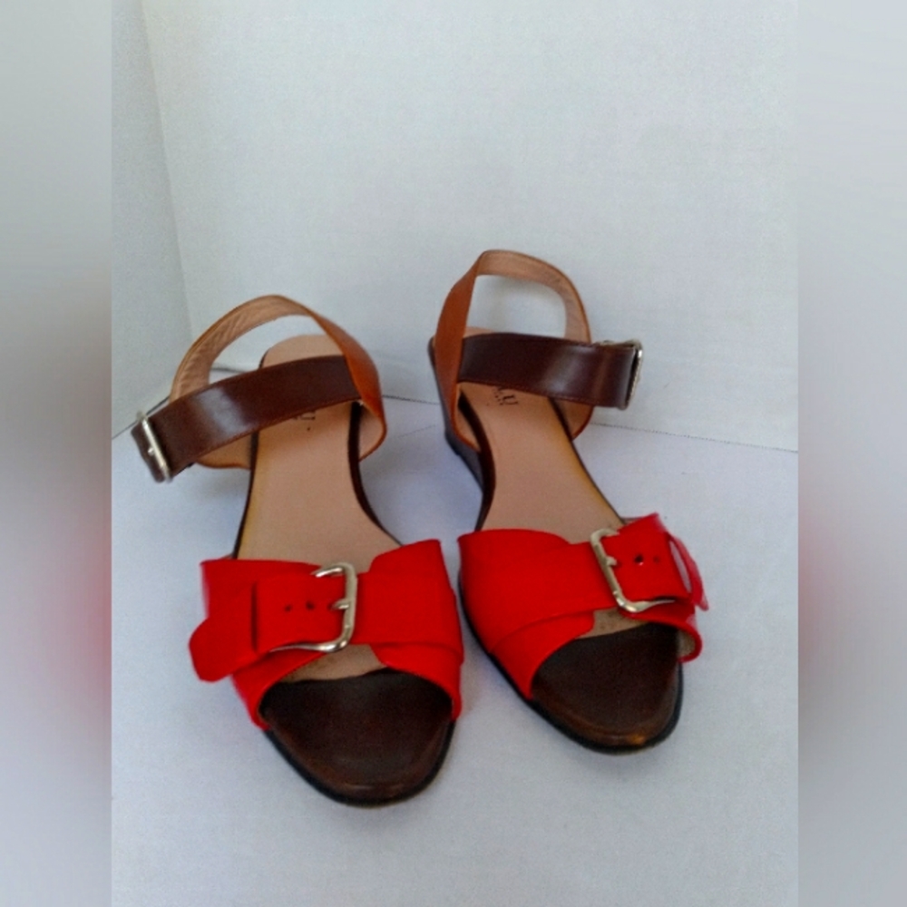 Anyi Lu Red & Brown Leather Ankle Strap Wedge Sandals with Buckle Detail